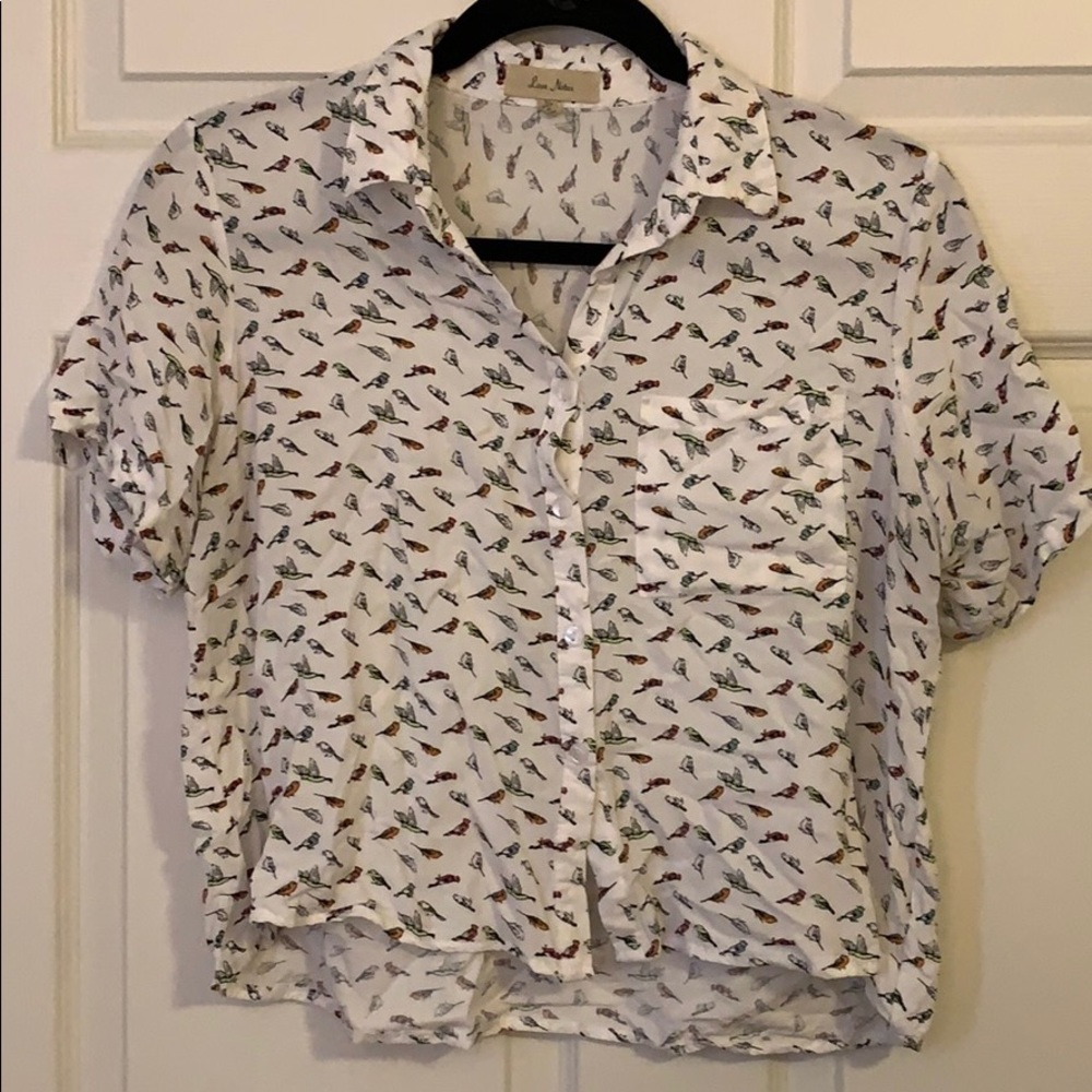 Bird Printed Short Sleeve cropped Button Up